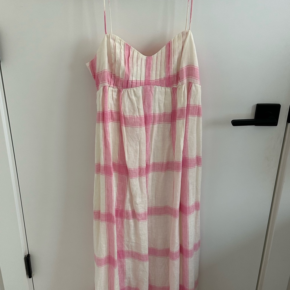 Anthropologie Maeve Linen Tie Back Maxi Dress pink and white